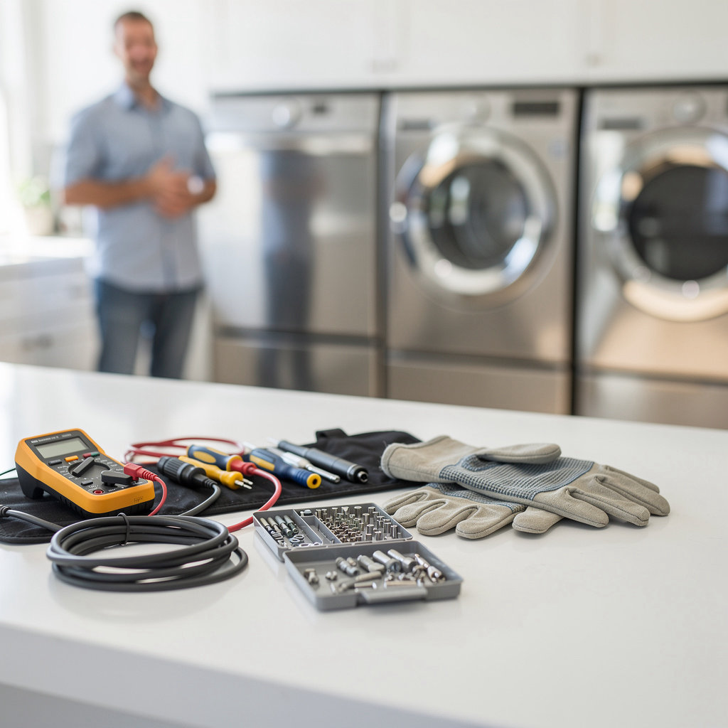 Decola Appliance Service technician performing a professional appliance repair and testing in a Santa Maria home